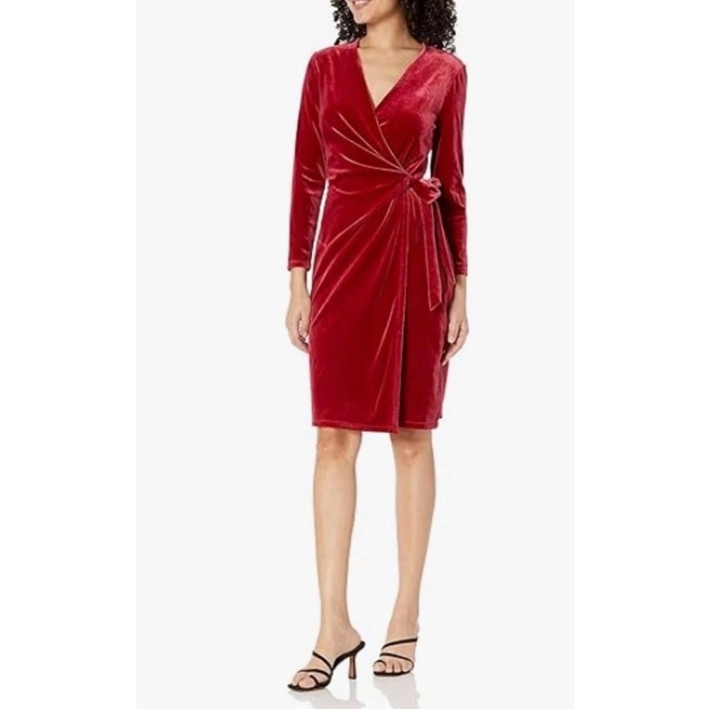 Anne Klein Red Velvet Wrap Dress Long Sleeve V-Neck Knee Length SZ. M NWT